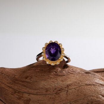 S925 Sterling Silver Ring With Natural Amethyst, Featuring A Floral Design